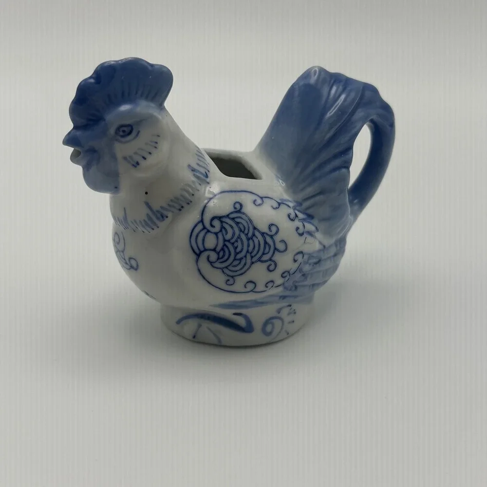 Vintage Blue and White Porcelain Rooster Miniature Creamer Toothpick Holder